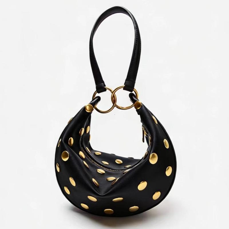 Vintage Gold Studs Decor Crescent Hobo Bag Pu Leather Multi-Way Shoulder Crossbody Handbag Retro Brown Zipper Underarm Bag for