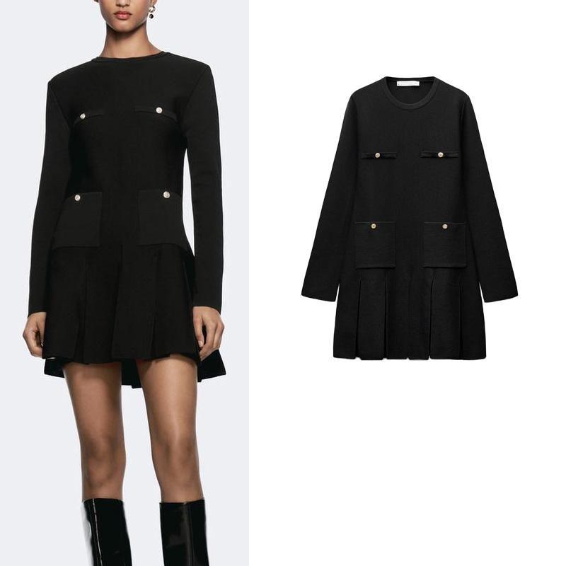 Spring New Arrival Women's Clothing Fashion Style round Neck Long Sleeves Button Decoration Wide Pleated Knitting Short Dress 3859126