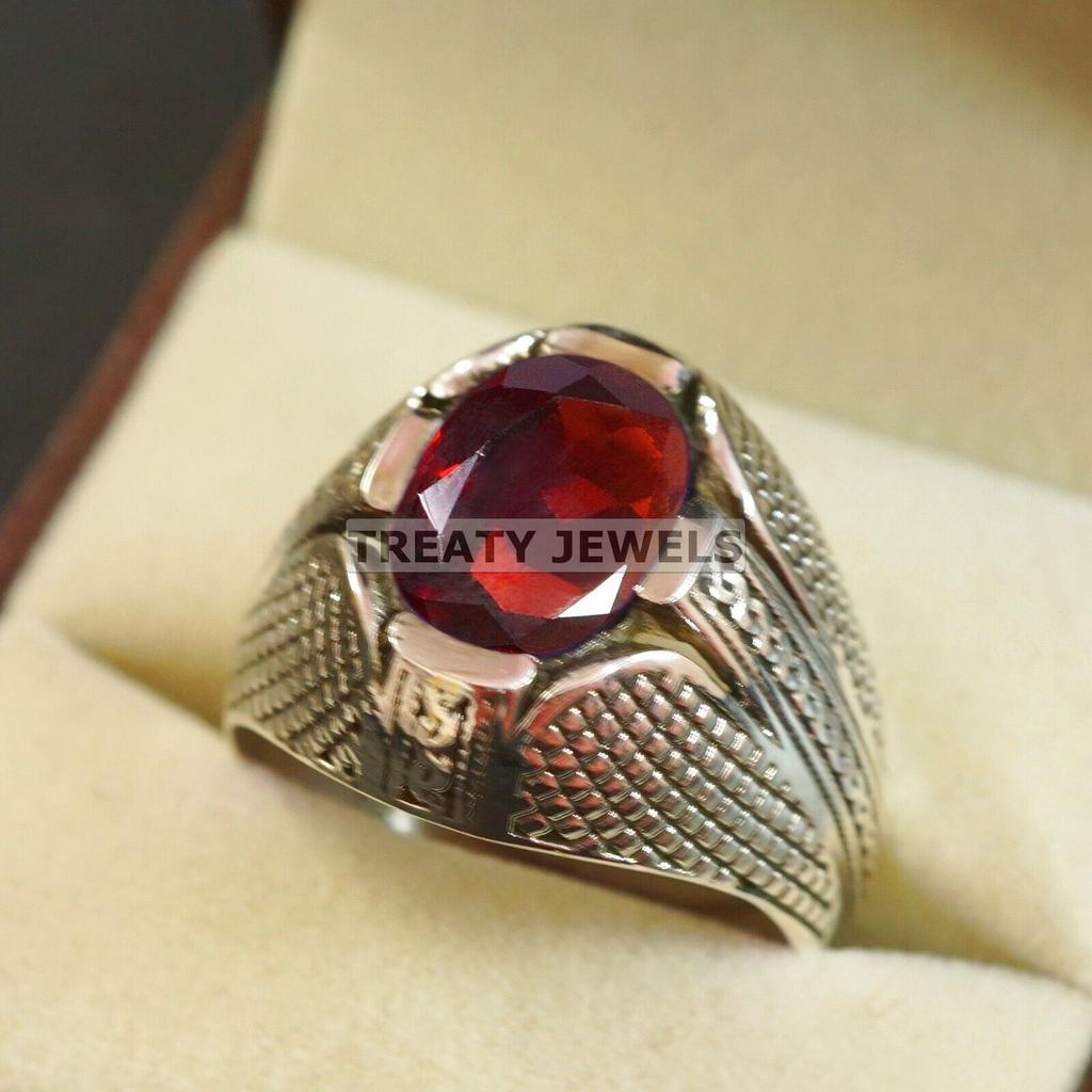 Garnet Oval Cut Gemstone With 925 Sterling Silver Ring For Men's #B74 JL375671373856