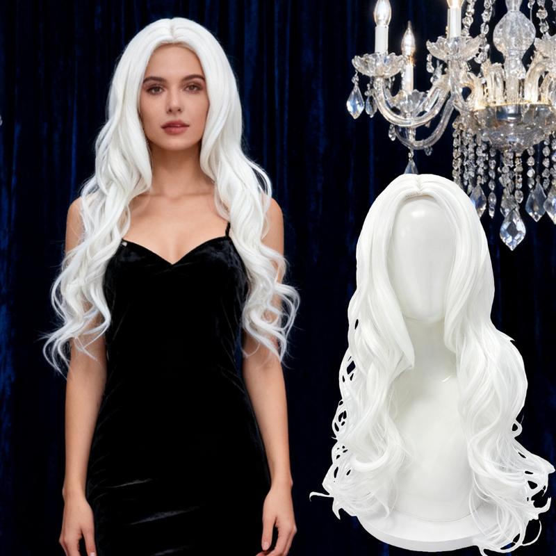 Bílá Dlouhá Volná Vlnitá Paruka s Pěšinkou Uprostřed - Přirozeně Vypadající Syntetické Vlákno pro Cosplay, Večírky & Denní Styling