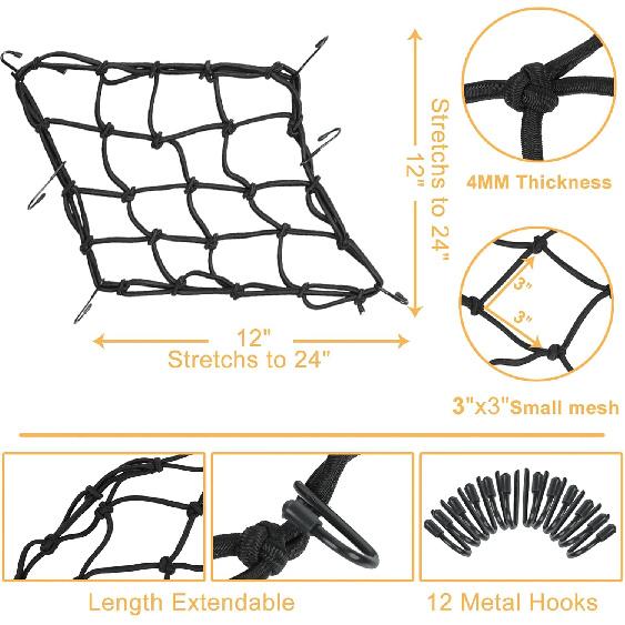 2-Pack Bungee Net Motorcycle Cargo Net, 12" X 12" Small Cargo Net Stretch To 24" With 6 Adjustable Hooks Bike Bungee Cord Net
