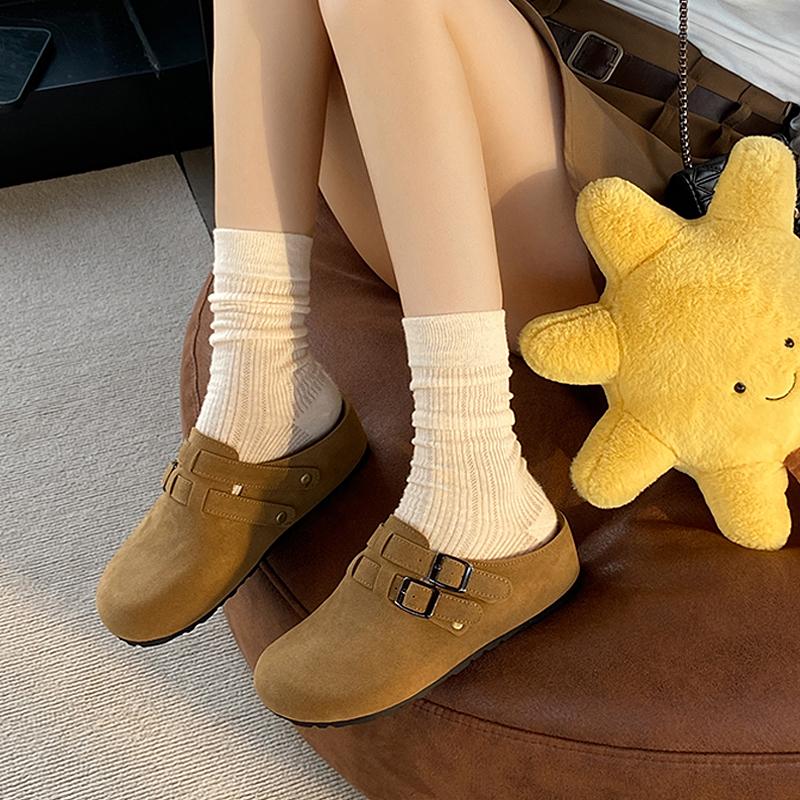 Fashion CRLAYDK Designer Women's Suede Footed Mules Buckle Adjustable Slip On Casual Soft Inner Increase Shoes Backless Walking Slippers