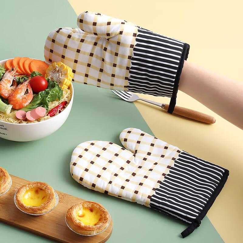 Baijie Heat-Resistant Gloves, Insulated Cotton Gloves, Microwave Oven Baking Tool Gloves, Checkered Baking Gloves, 2-Piece Set