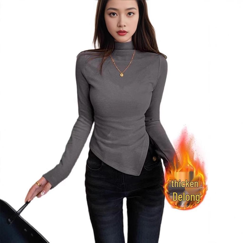 Women's Velvet Semi-High Neck Irregular Shoulder Long Sleeve Slim Fit Autumn Winter Top
