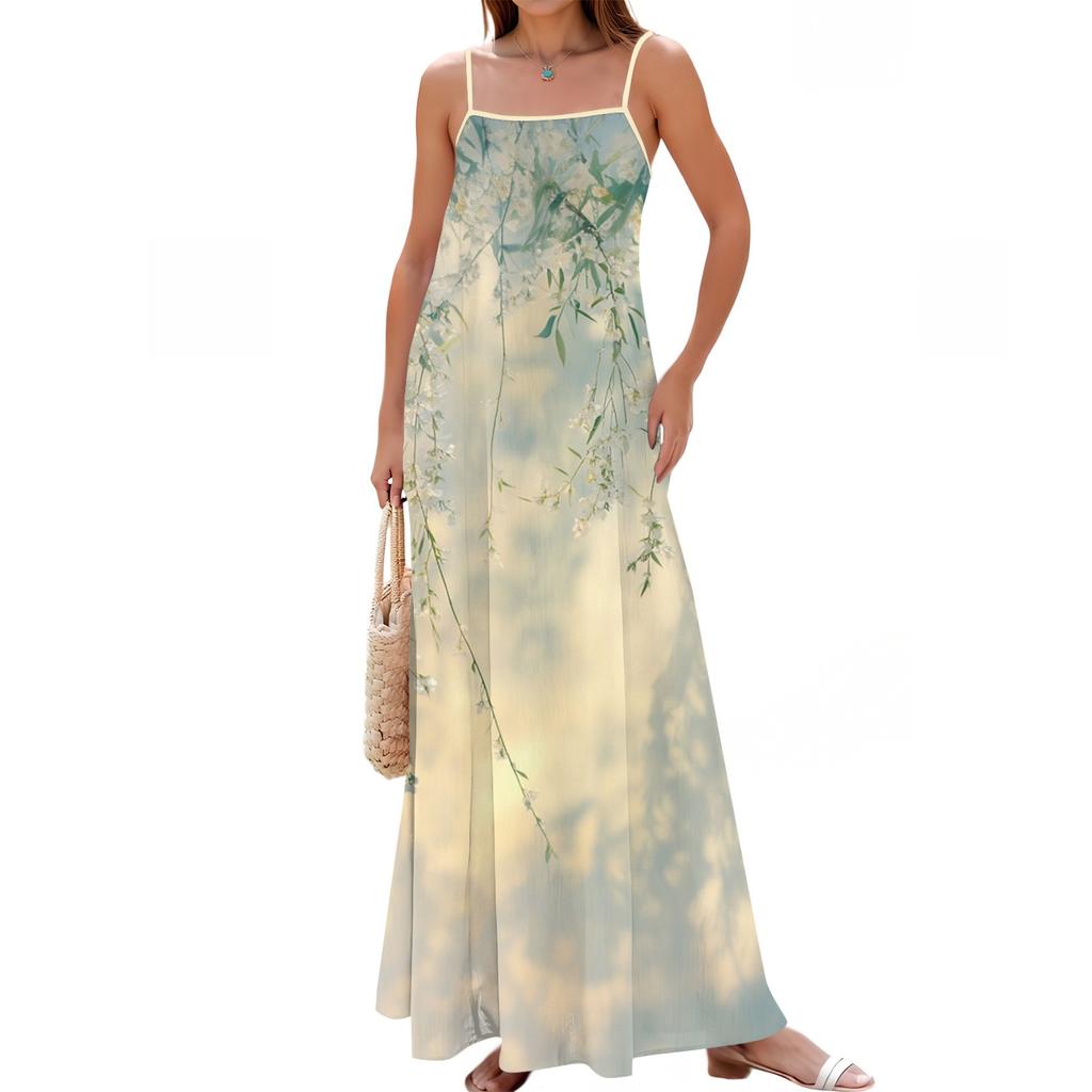 Women's Spring And Summer Casual Fashion Adjustable Suspender Printing Long Dress