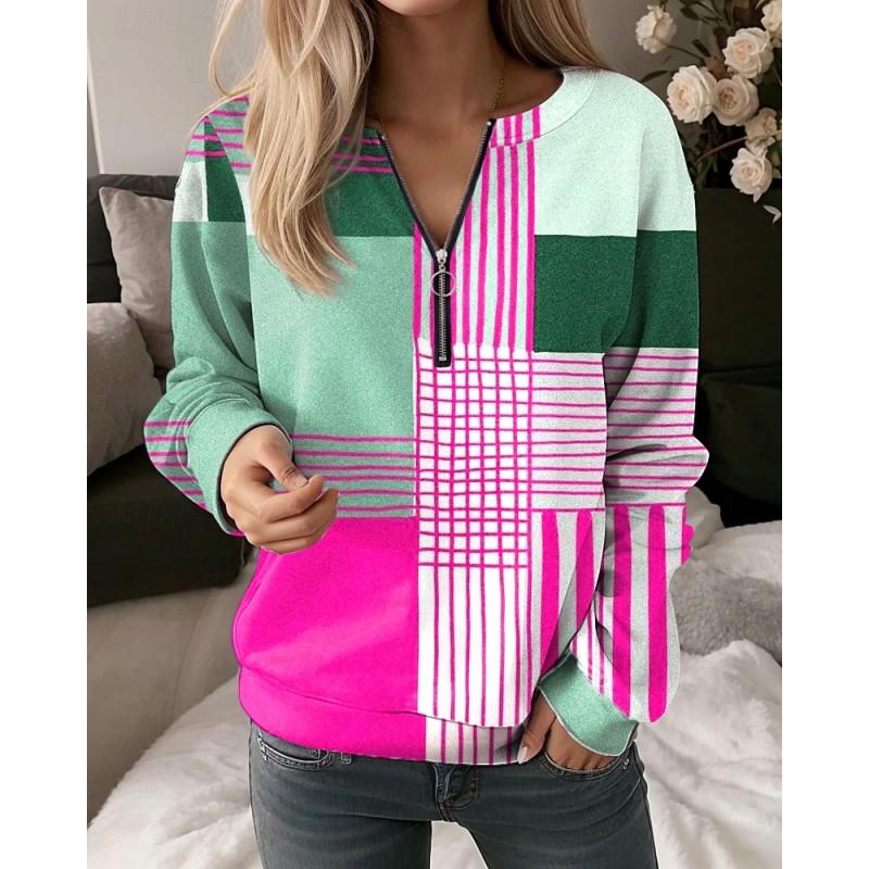 Womens V-Neck Half-Zip Long Sleeve Oversized Hoodie With Geometric Print Casual Comfort Fit 2025