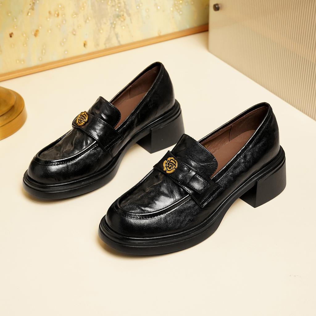New Women Shoes Leather Pumps Fashion Chunky Heel High Heel Shoes Street Slip-on Loafers
