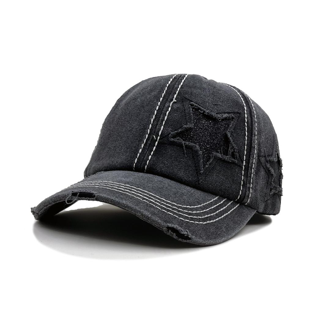 Pure Cotton Washed Ponytail Hole-Out Five-Pointed Star Baseball Cap, Trendy Curved Brim Ponytail Braid, Duckbill Hat