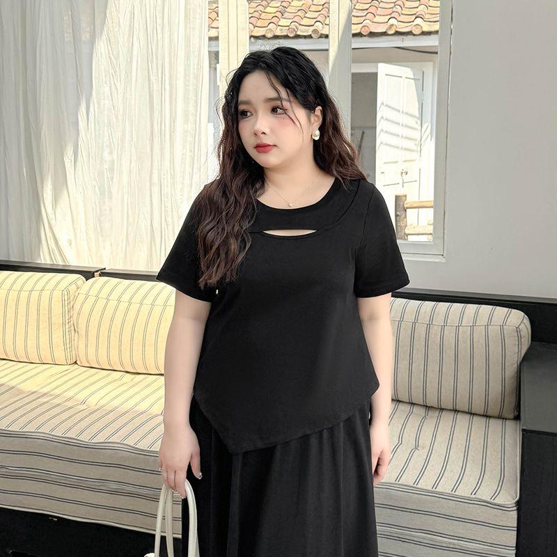 Plus size women clothing [Sports Lazy Set] Summer round Neck Hollow Short sleeve Slimming Irregular Top Skirt