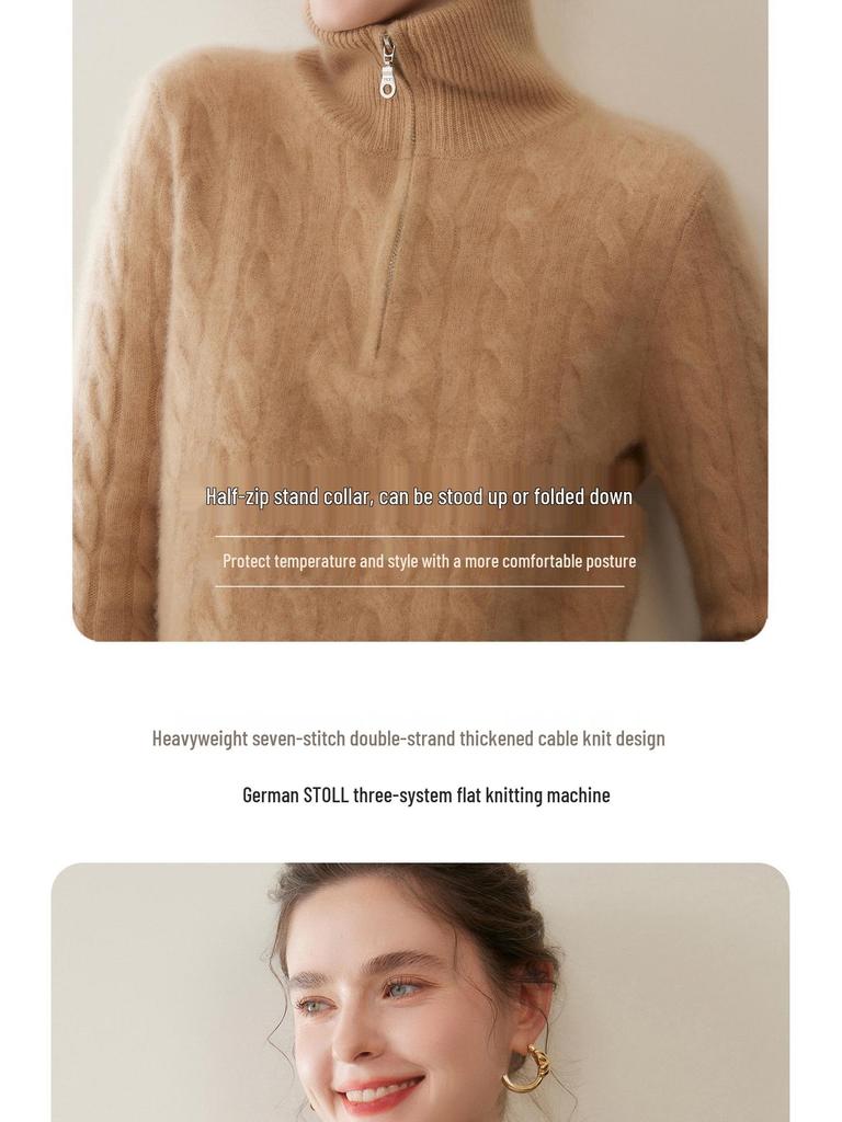 Women's Retro High-Neck Cashmere Sweater - Half-Zip, Loose-Fit for Autumn/Winter.