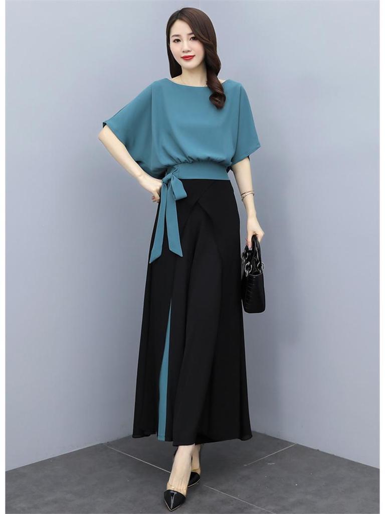 2022 Summer Chiffon Wide-Leg Pants Set: Elegant Goddess Style Two-Piece for Women - Fashionable, Drapey, Slimming.