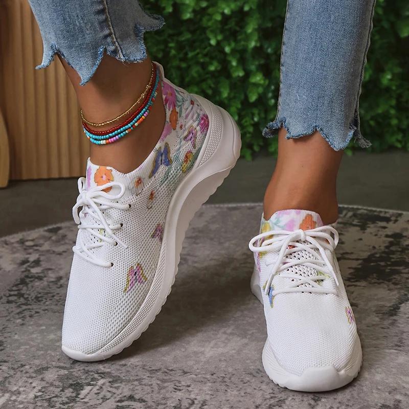 Fashion Women Print Platform Sneakers Spring Autumn Knitting Mesh Tennis Shoes Woman Lightweight Non Slip Casual Walking Shoes