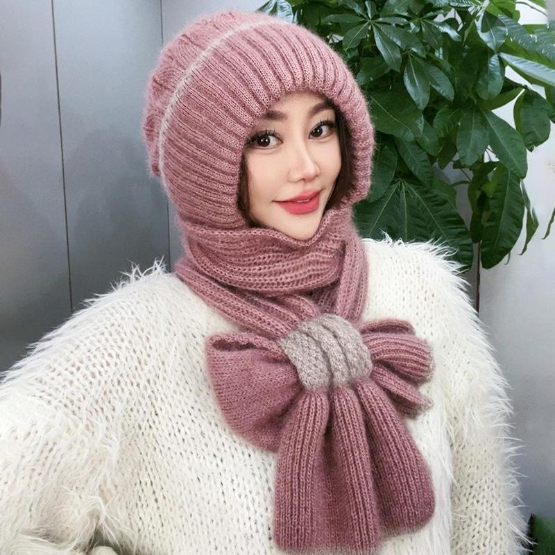 Hat Women's Autumn and Winter New Thickened Plus Plush Woolen Hat Scarf Integrated Bow Style Warm Men's and Women's Hat
