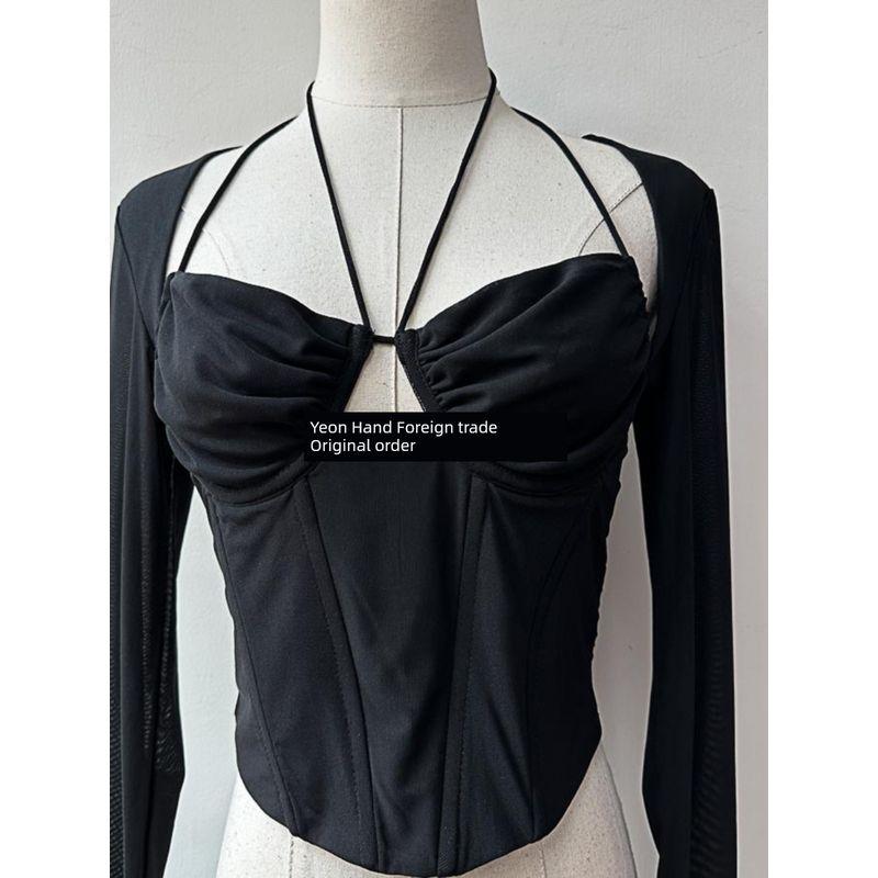 Foreign Trade Original Order Large Sexy Black Mesh Early Autumn Fishbone Long Sleeves Silm Midriff-Baring Top Sexy Square-Cut Collar