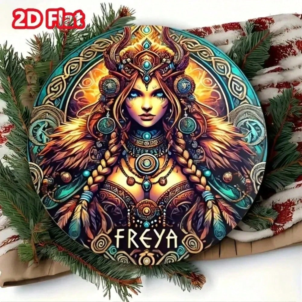 

Vintage Norse Mythology Freya Metal Sign, Pagan Bohemian Wall Art Decor with Feather Armor 20x20 разноцветный