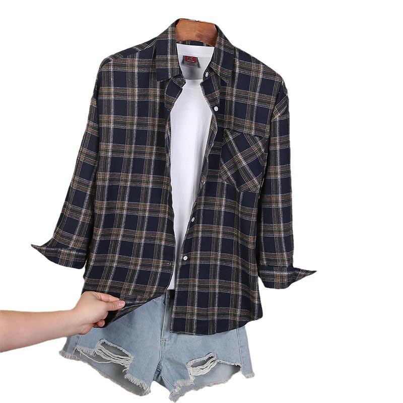 2025 Women's Korean Style Long Sleeve Plaid Cotton Shirt Jacket