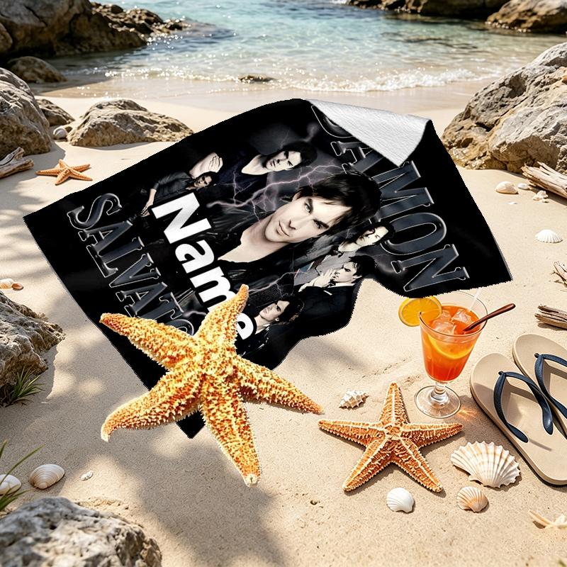 Custom Name Personalized Damon Salvatore Print Beach Towel, for Trip Camping Beach Party Home Decor, Birthday Gift for Family & Friends
