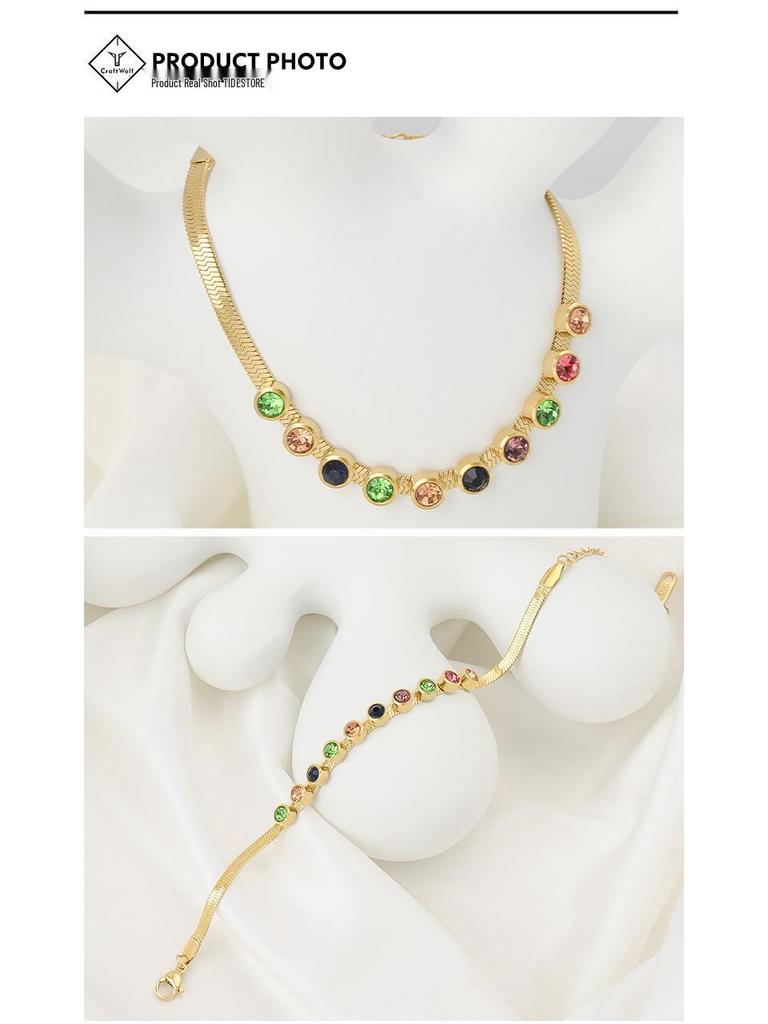 18K Gold-Colored Zircon Necklace & Bracelet Set: Stylish Clavicle Chain and Trendy Design for Women