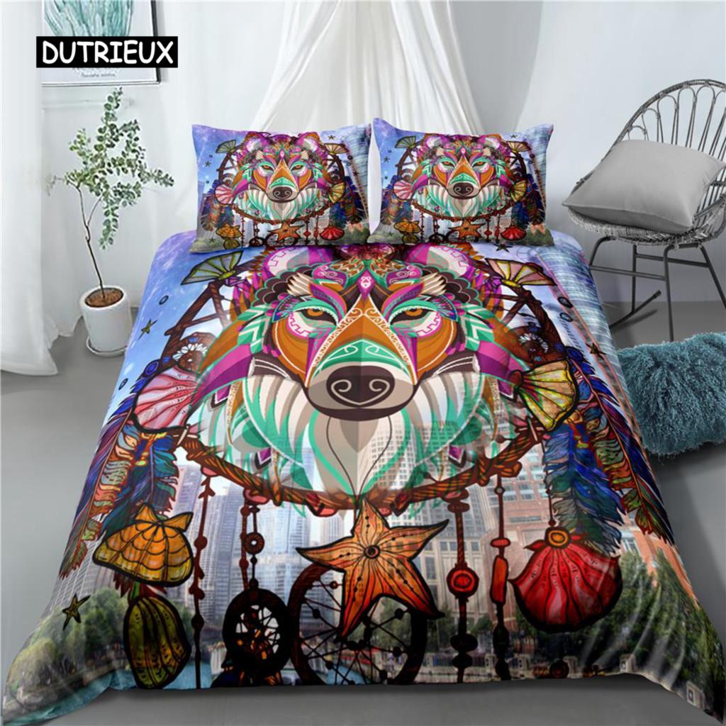 Bettbezug-Set mit Traumfänger-Tiermotiv, weißer Wolf, lila Federn, Mikrofaser, 2/3-teilig, Bettbezug für Kinder, Teenager, Erwachsene