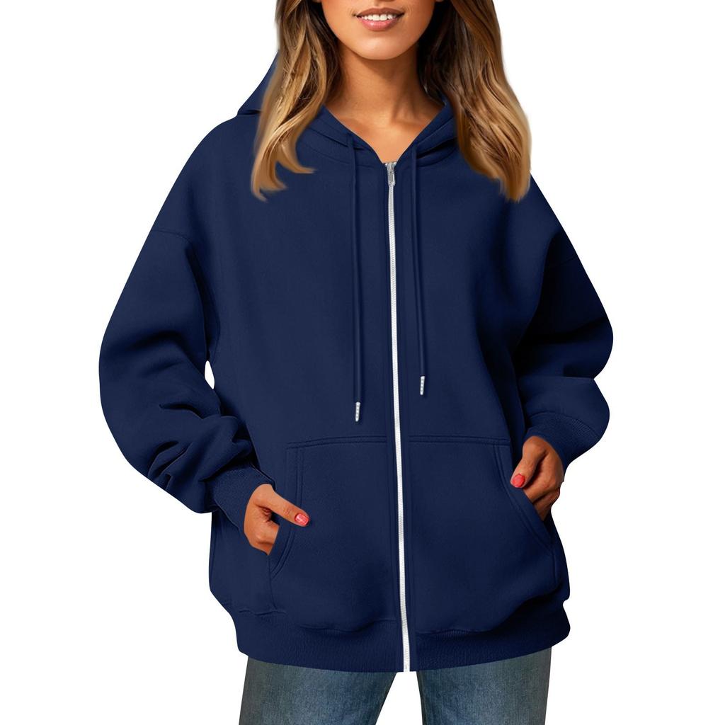 Women's Casual Fashion Solid Color Long Sleeved Pocket Zipper Hooded Drawstring Sweatshirt Jacket