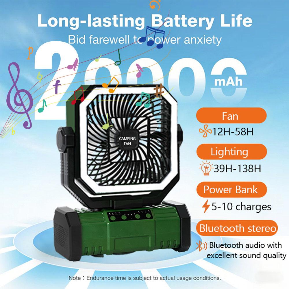 Cordless Camping Fan, 20000mAh Battery Powered Fan Battery Operated Rechargeable Portable Outdoor Tent Fans with Hanging Hook