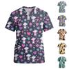 Women V Neck Short Sleeve Work Shirt with Pockets Animal Print Top Medical Uniform Scrub Blouse Relaxed Fit Durable Fabric