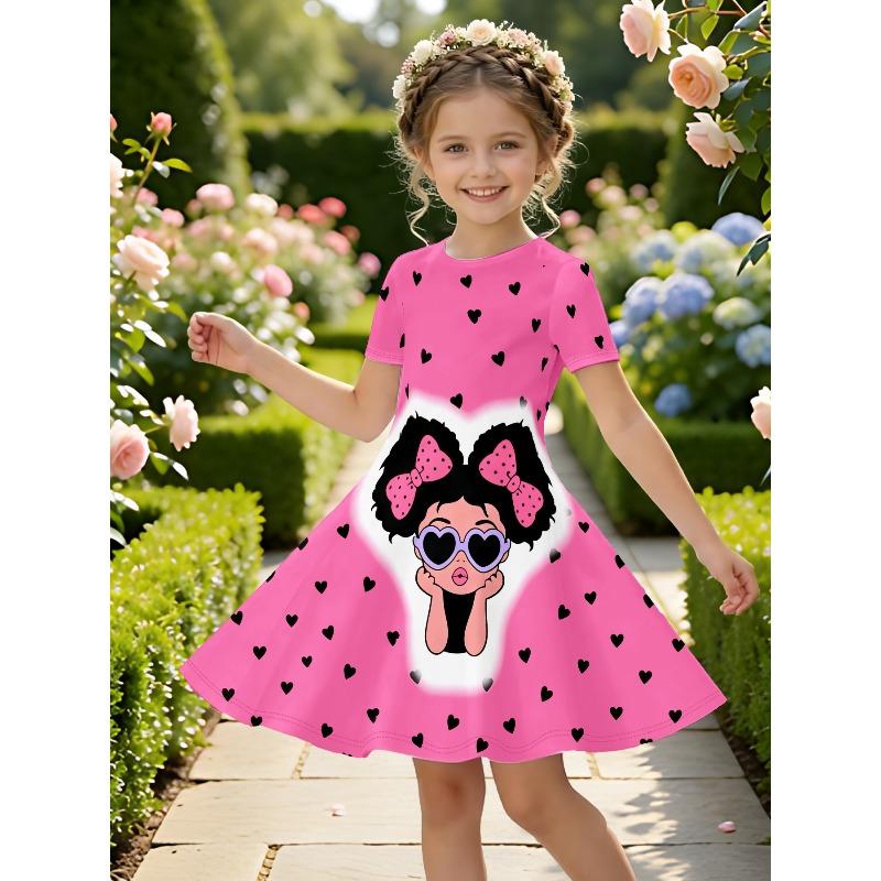 Cute Cartoon Girl Wearing Sunglasses Printed Children's Girl Casual Dress Short Sleeved A-line Dress Suitable for Birthday Gifts