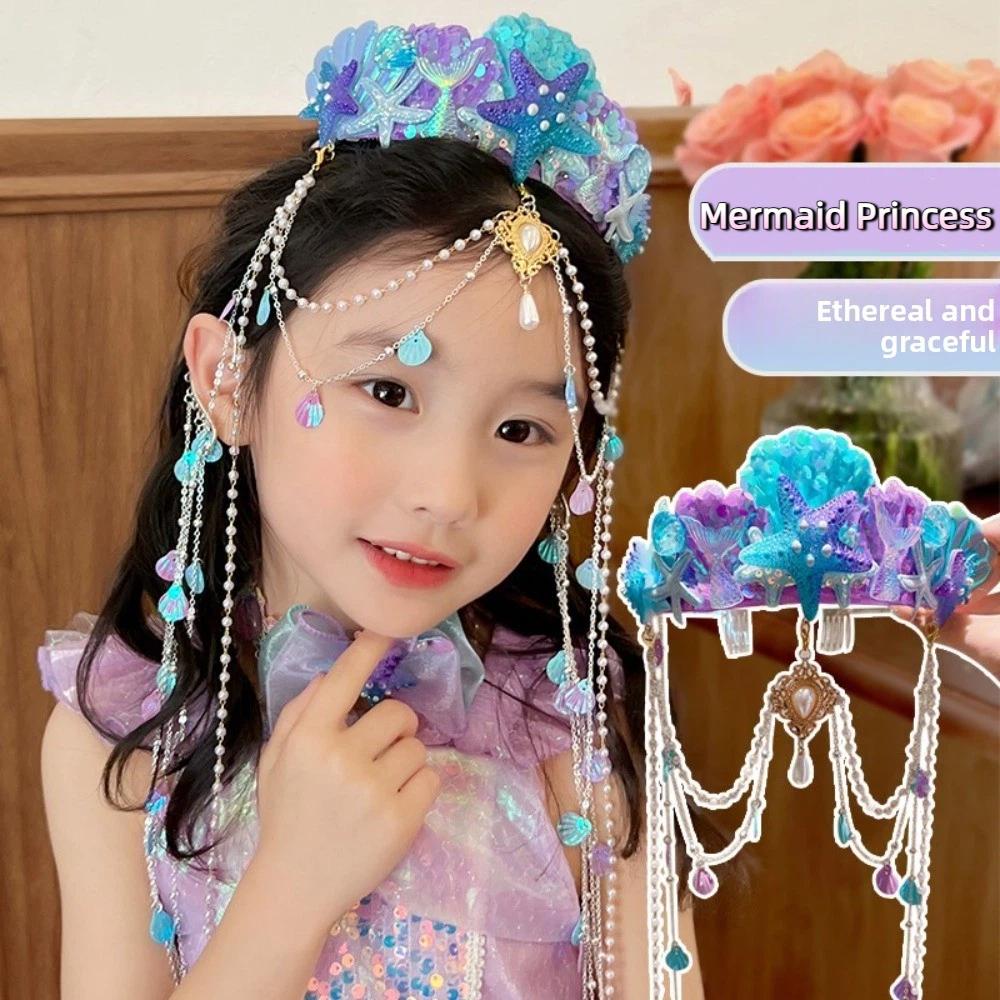 Tassel Mermaid Princess Headband Pearl Jewelry Tassel Crown Forehead Necklace Hair Hoop Children
