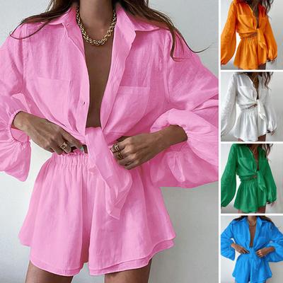 2 Teile/satz Laterne Langarm Taschen Einreiher Frauen Outfit Revers Hemd Rüschen Breite Bein Shorts Set