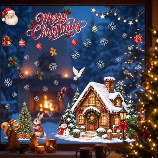 Indoor Window Glass Ornaments Christmas Clings, Snowy Village House Xmas Tree Squirrel Rabbit Clings Sticker, Double-Sided Static Decal for