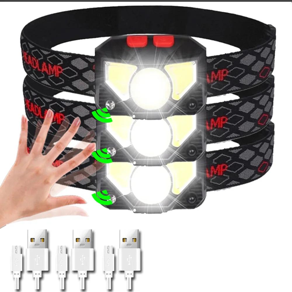 8 Modes Handfress Motion Sensor Powerful LED Headlight headlamp Head Lamp COB Flashlight Torch head light For Camping, fishing