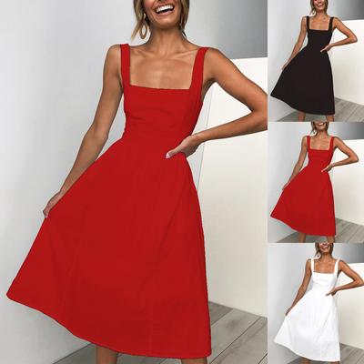 Women's Vintage Solid Color With Midi Dress Sleeveless Dress Princess Dress