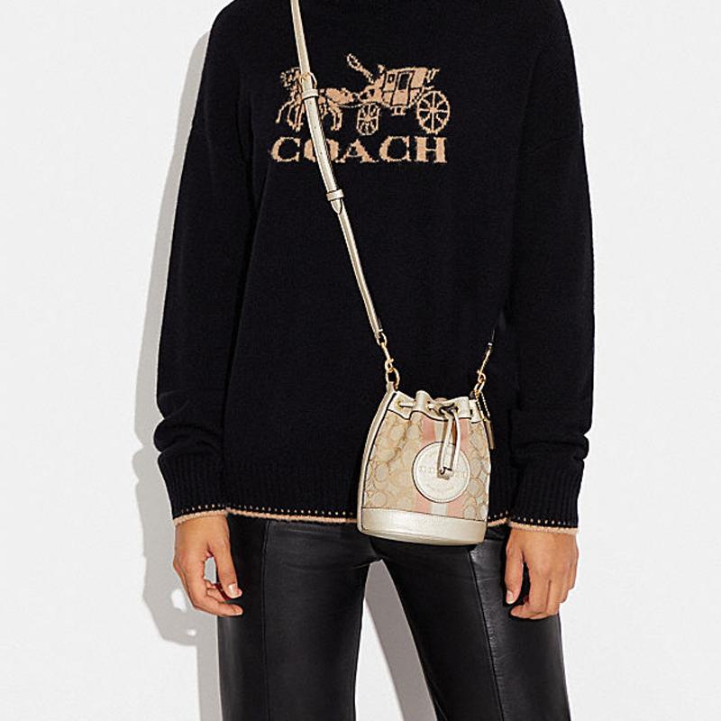 New COACH Dempsey Fabric Cow Leather Patchwork Bucket Bags Shoulder Bag Crossbody Bag Mini Women's Khaki CF440-IMV6D