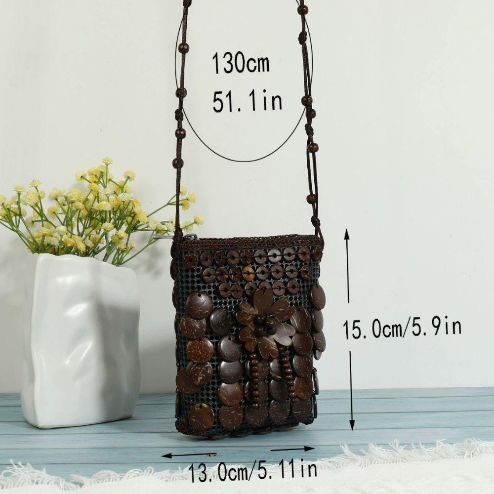 Tragbare Stoff-Umhängetasche im ethnischen Stil, Retro-Kokosnussschale, handgeflochtene Tasche, Vintage-Handtasche, Bohemian-Umhängetasche für Damen