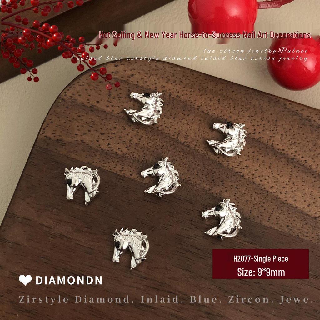 2026 New Year Little Horse Nail Art Decorations - Gold, Silver, and Red Rhinestone Press-on Nail Accessories