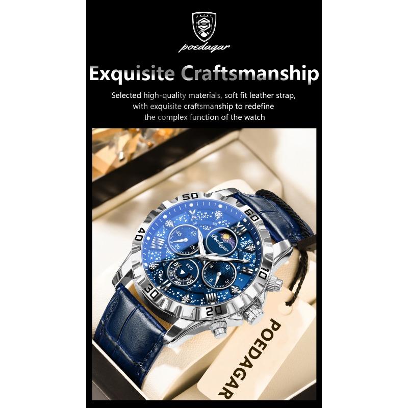 POEDAGAR Original Military Man Wristwatch Waterproof Luminous Chronograph Leather Strap Watches for Men Quartz Watch Reloj