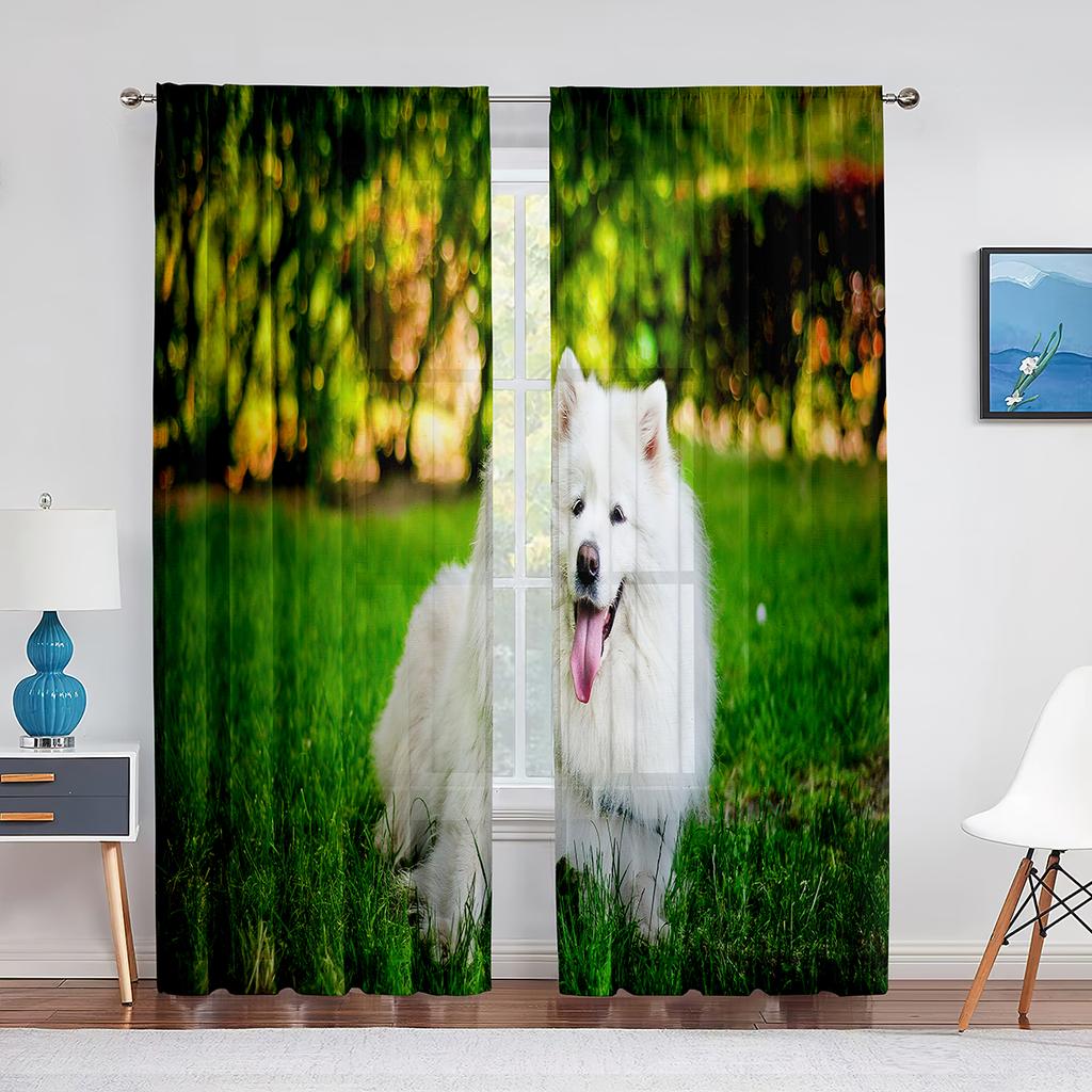Doi Câini Samoyed Drăguți în Zăpadă Perdele Tulle pentru Decor Living Dormitor Bucătărie Perdea Voal Transparent Modern Draperii Fereastră