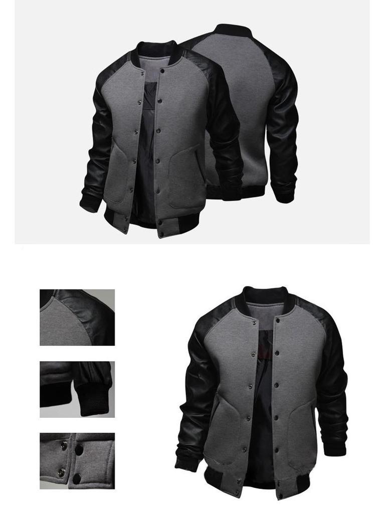 Men's 2019 Leather Sleeve Patchwork Baseball Jacket with Large Pockets & Stand Collar