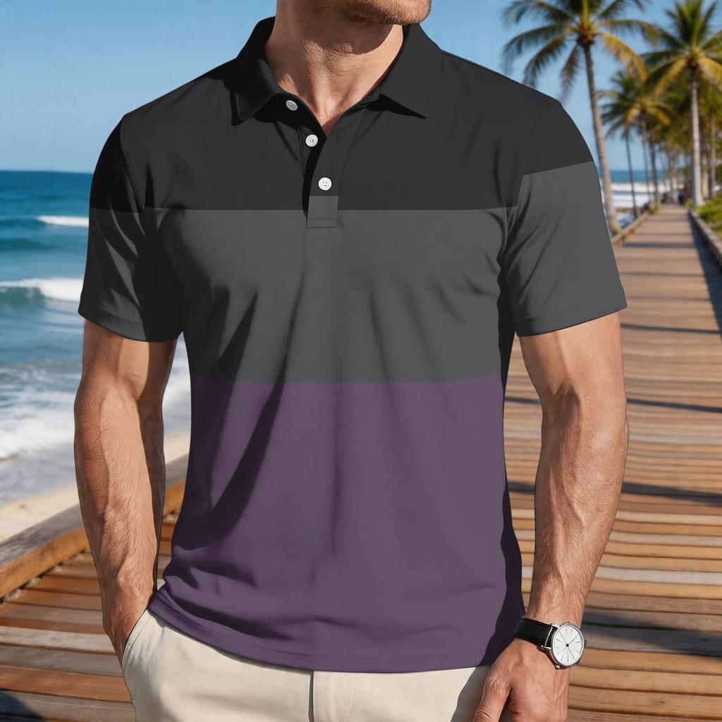 Mens Loose Fit Casual Striped Print Short Sleeve Polo Shirt with Turn Down Collar Soft Breathable Fabric for Everyday Wear
