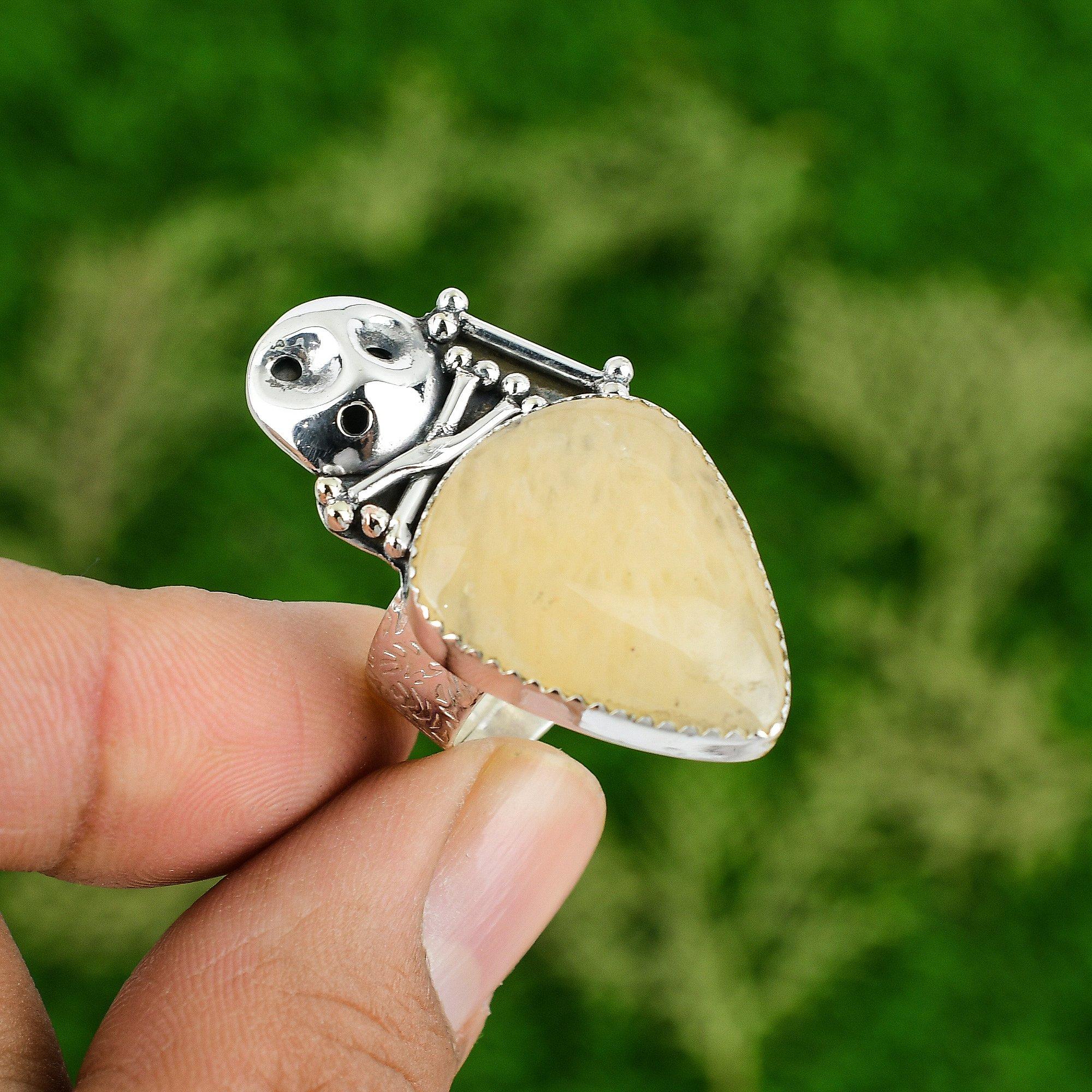

925 Silver Natural Goldy Quartz Promise Skull And Bone Adjustable Ring Adjustable