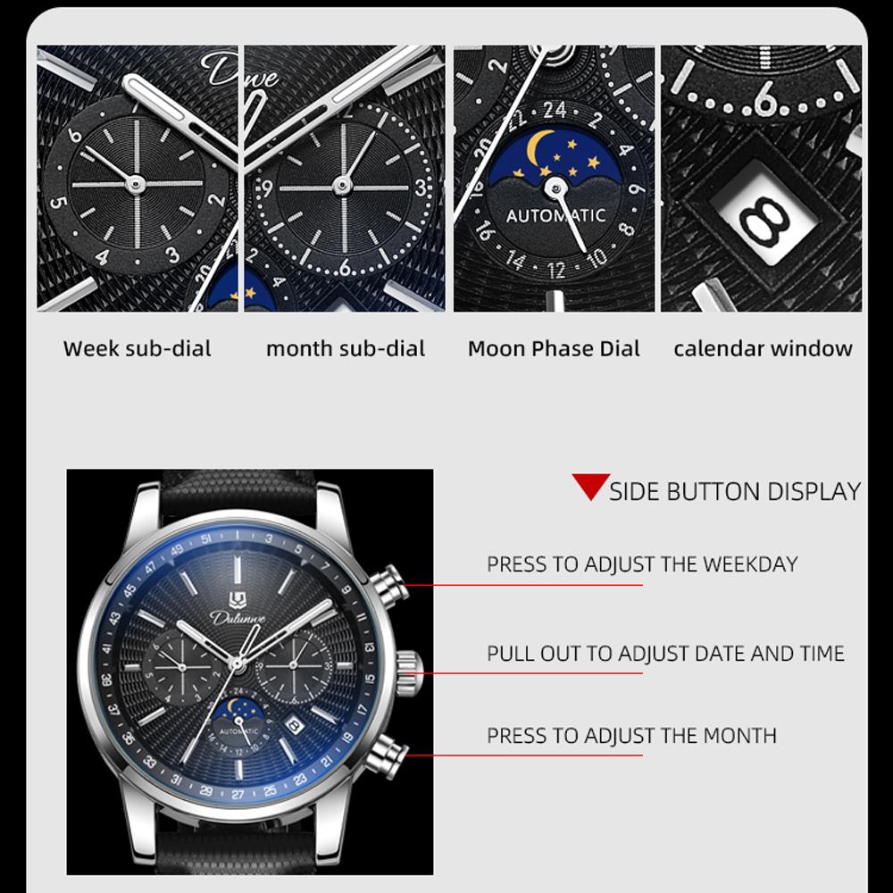 Men Automatic Mechanical Watch Blue Leather Strap Moon Phase Multi-Function Luminous Waterproof Business Sport Male Wrist Watch