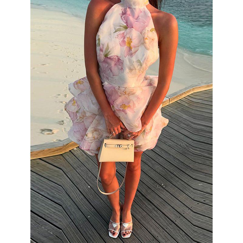 

French style Sweet Style Hanging Neck Backless Sleeveless Sling Backless Cake Puffy Short dress Women Flower Bud Skirt Halterneck Open Back Strap Dress-Print M