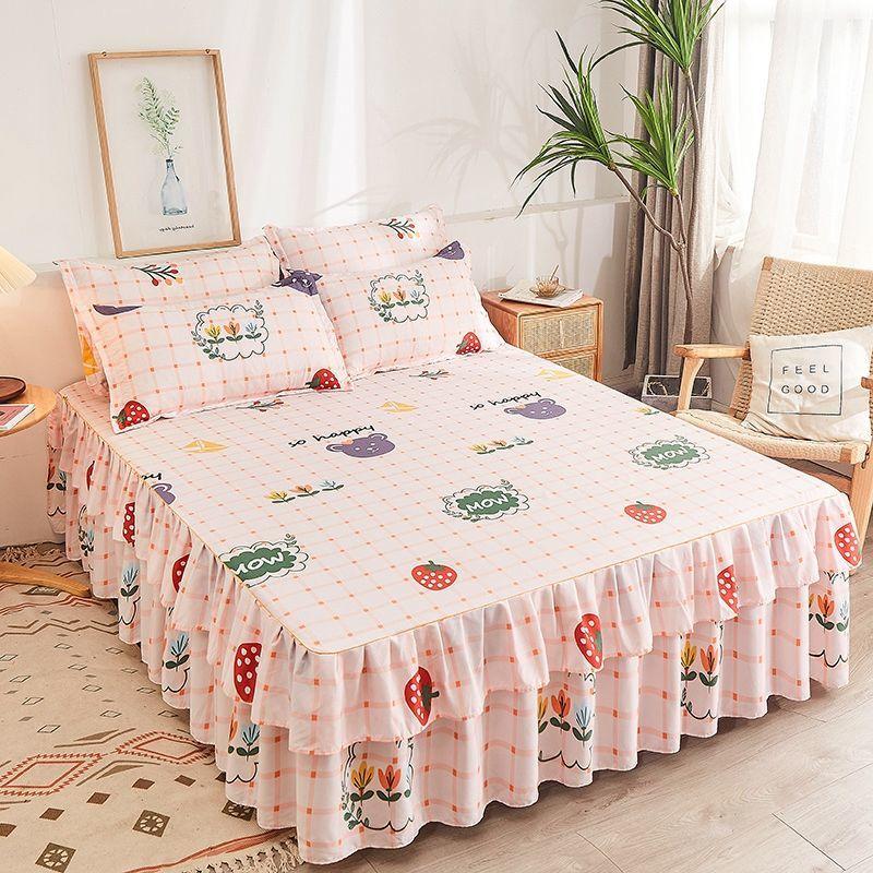 Bedroom Floral Bed Skirt Korean Non-slip Dustproof Bedspread Students Bedding Single Double Mattress Protector Household Decor