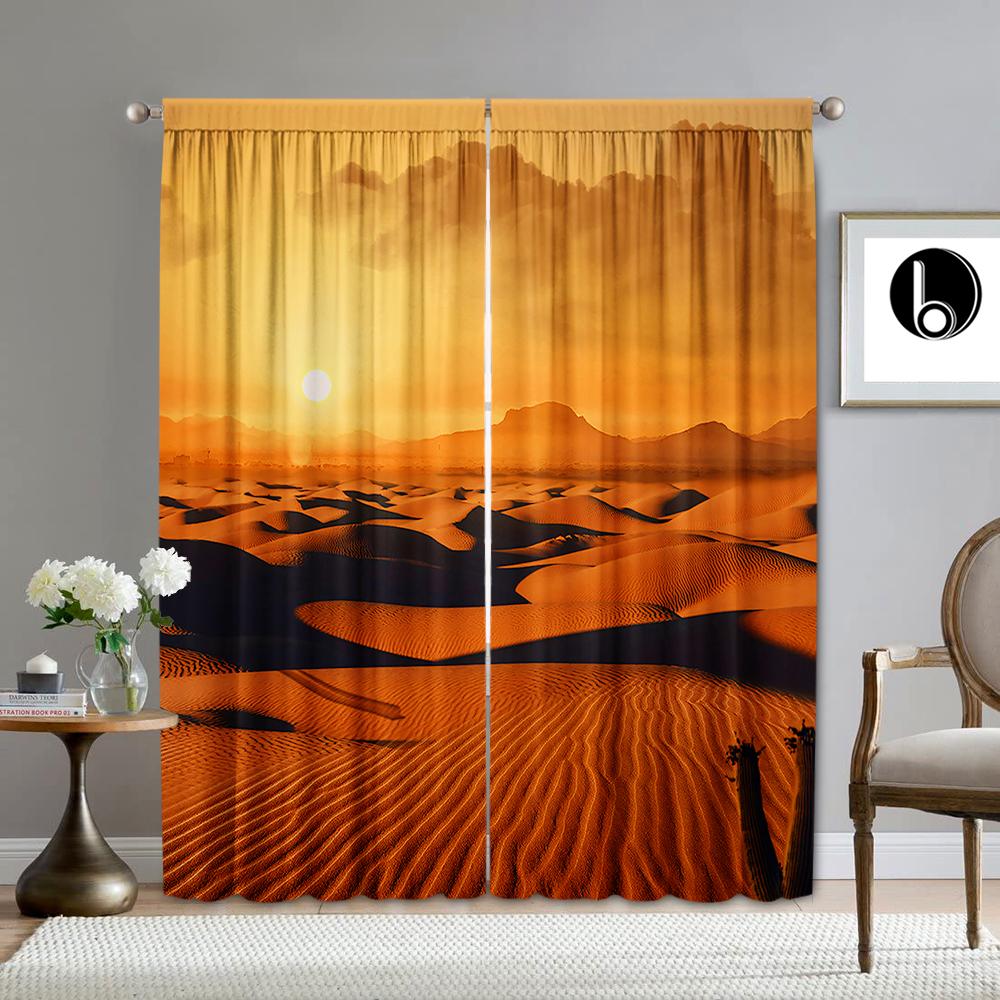 2PC Home Decoration Curtains, Desert Background With Pole Pocket Curtains, Kitchen, Coffee Shop, Living Room, Balcony, Garden