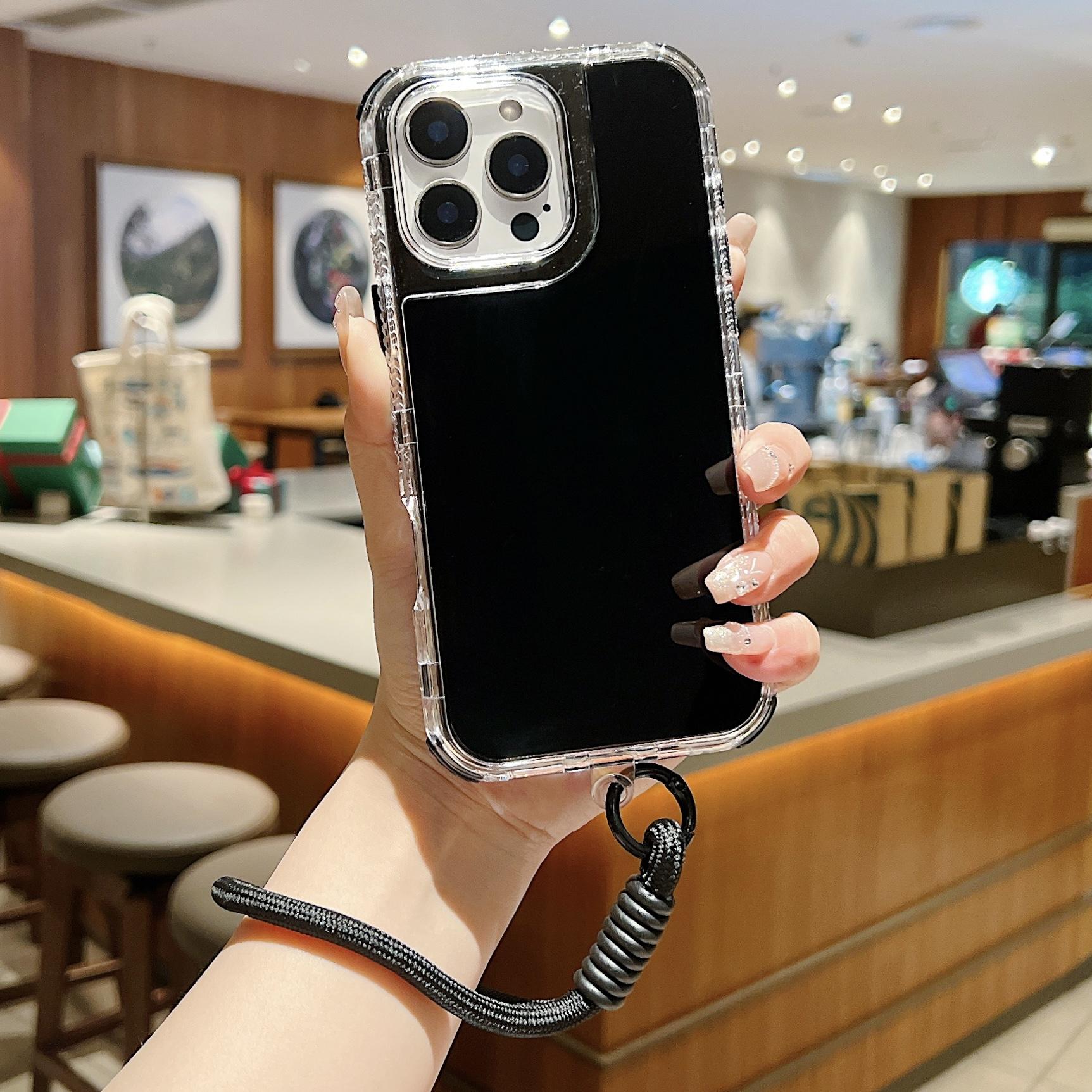 

For iPhone 16 Pro Case 3 in 1 Drop-Proof PC+TPU Phone Back Cover with Wrist Strap Black