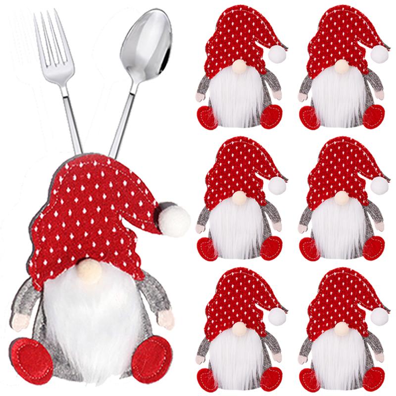 Christmas Cutlery Holder Bags Xmas Caps Santa Claus Snowflake Knife Fork Cover Set Party Dinner Table Tableware Decor Supplies
