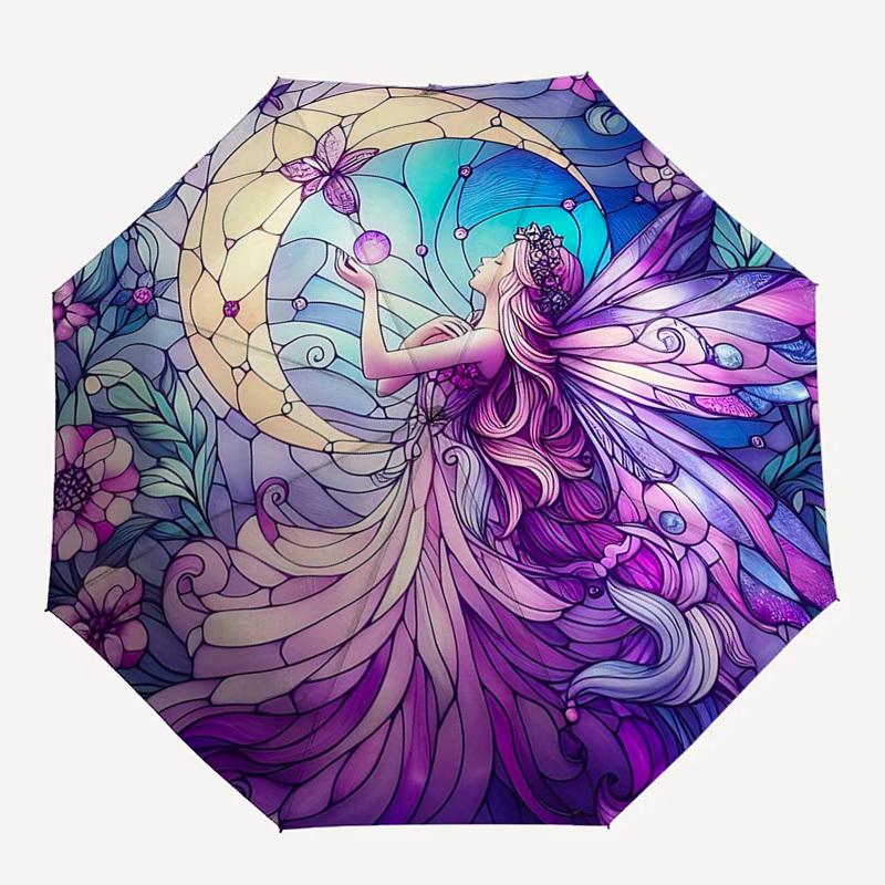 1pc Stained Glass Fairy Design Automatic Folding Umbrella - Portable 3-Fold Design with 8-Rib Iron Frame, Outdoor, Ideal Gift for Fans, Travelers, Dai