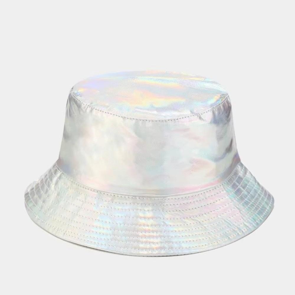 Leder Leuchtender Eimerhut Breiter Rand Glänzende Sonnenkappe Unisex Laser Regenbogen Fischerhut Sonnenschutz