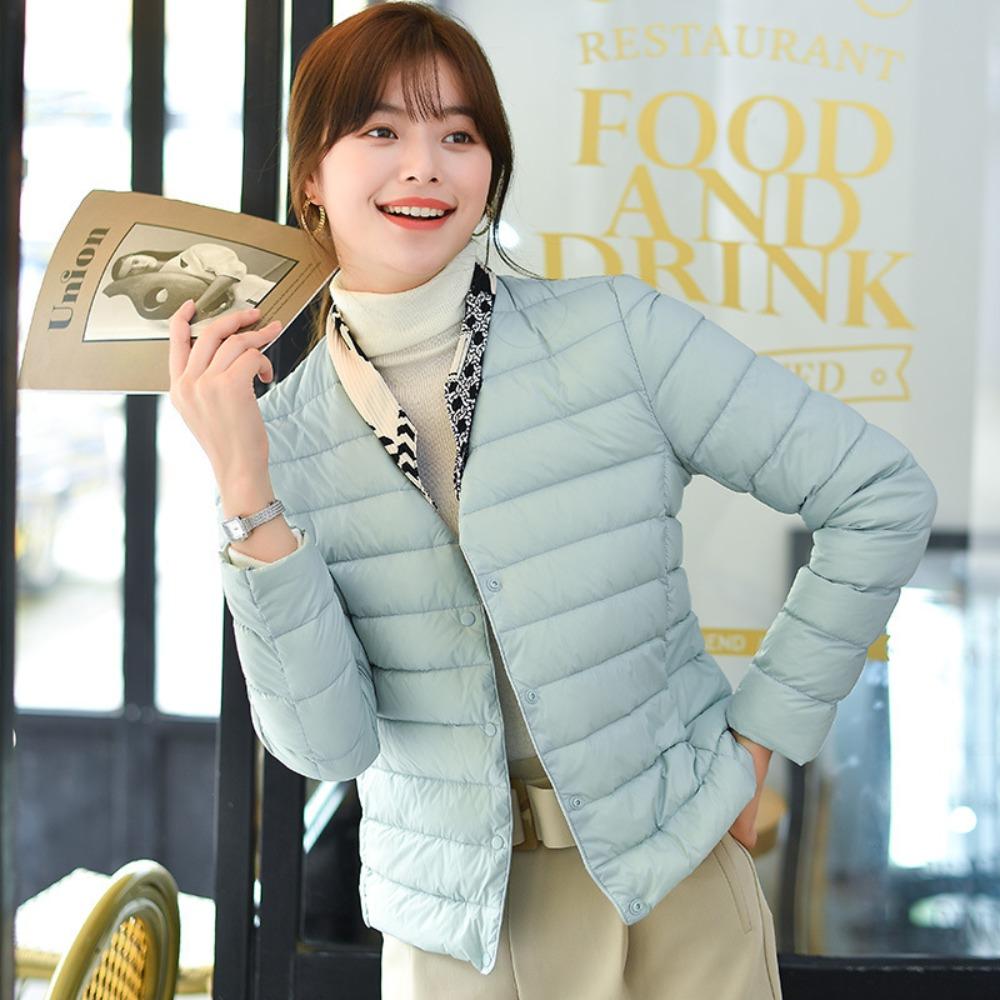 Women's Crew Neck Long Sleeve Slim Fit Lightweight Puffer Coat Short Down Jacket