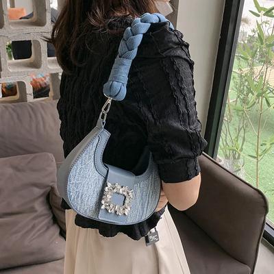 Simple Braided Lunar Bag with Square Buckle for Girls  Armpit Bag  Diamond-embedded Shoulder Bag for Ladies  New Fashion